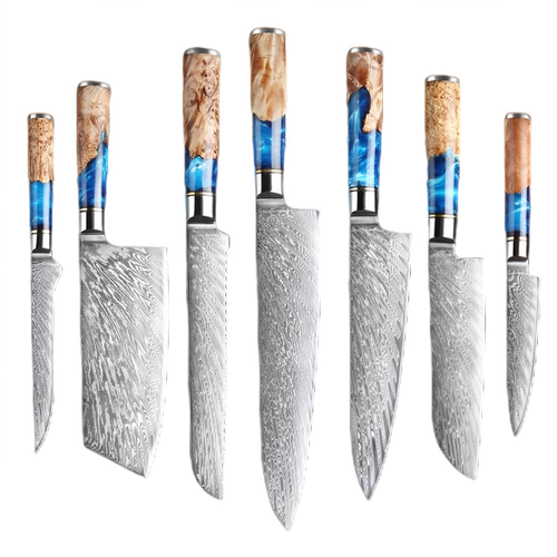 Damascus Blue resin Knife Set