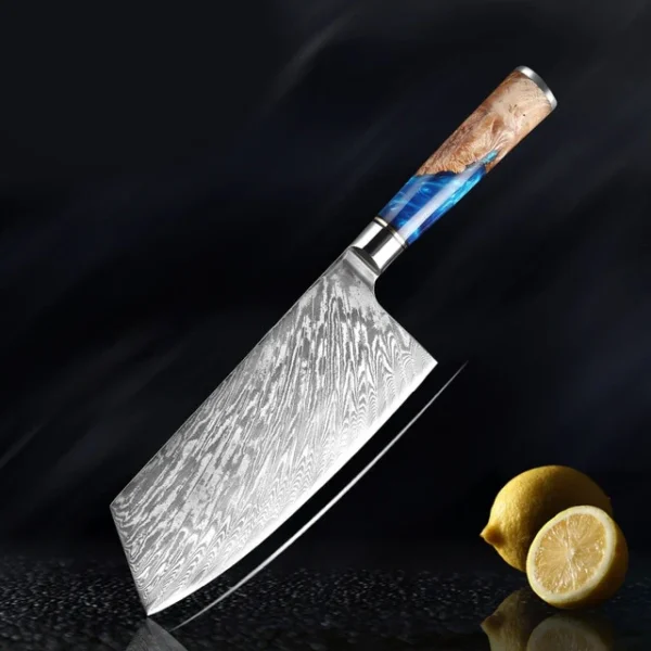 Damascus Knives with Blue Resin Color Wood Handle Chef Knife_7.5inch_CleaverKnife
