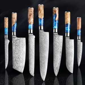 Blue Resin Damascus Chef Knives
